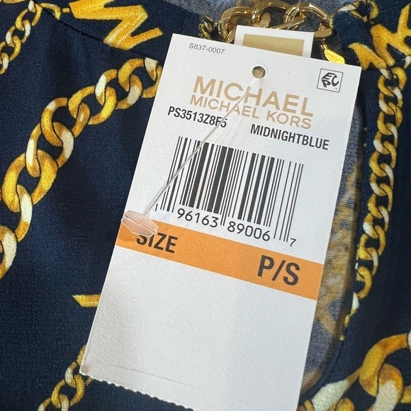 Michael Kors Split Neck Navy Gold Chain Top with Tulip Sleeve Size SP Casual - Picture 13 of 15